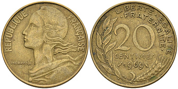 ФРАНЦИЯ 20 САНТИМОВ 1969 ТИП MARIANNE KM 930, LE FRANC 156.9 медь алюминий никель 4573-1042