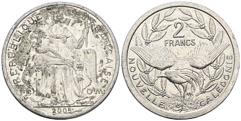 Французская Новая Каледония 2 франка 2005 птица кагу, (IEOM) KM 14, Schoen 11, Lec 68j алюминий    28-1156