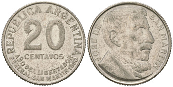 Аргентина 20 сентаво 1950 100 лет со дня смерти Хосе де Сан Мартина KM?45, CJ?228, Schon?48 медно-никель 4618-652