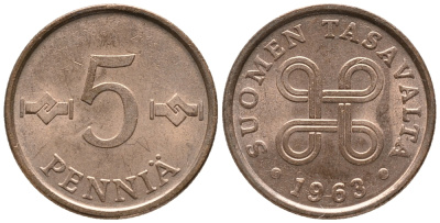 ФИНЛЯНДИЯ 5 ПЕННИ 1963 KM 45 медь 100-1267