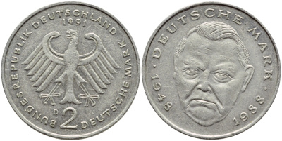 ФРГ 2 МАРКИ 1991 D, ЭРХАРД ЛЮДВИГ КМ 170 J.445 медно-никель плакированный никелем 80-545