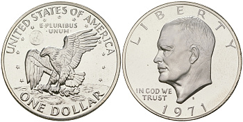 США 1 доллар 1971 S, Президент Эйзенхауэр, лунный орел KM 203a серебро  PROOF 1095-7-24