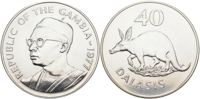 Гамбия 40 даласи 1977 защита дикой природы - трубкозуб KM 18 серебро UNC 11-080-43