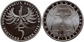 ФРГ 5 МАРОК 1978 J, 225 ЛЕТ СО ДНЯ СМЕРТИ ИОГАННА БАЛЬТАЗАРА НЕЙМАНА KM 148, J. 423 серебро PROOF 1520-1332