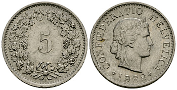 Швейцария 5 раппенов 1969 KM 26 медно-никель 4173-1052