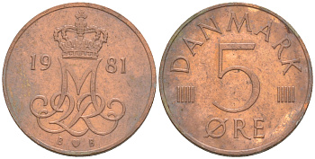 ДАНИЯ 5 ЭРЕ 1981 B; B, МАРГРЕТЕ II (1972-) KM 859.2 железо плакированное медью UNC 187-627