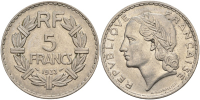 Франция 5 франков 1933 KM 888 никель 4144-344