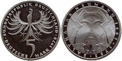 ФРГ 5 марок 1978 F, 225 лет со дня смерти Бальтазара Неймана KM 148, J.423 серебро PROOF 1520-1332
