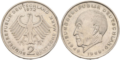 ФРГ 2 марки 1972 J, Конрад Аденауэр J 406, KM 124 медно-никель плакированный никелем 4126-545