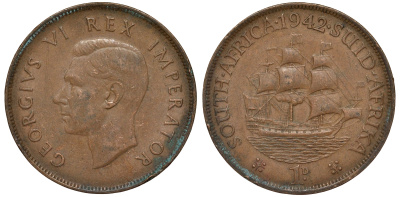 Южная Африка 1 цент 1942 Георг VI KM 25 бронза 4162-713