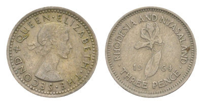 Родезия и Ньясаленд 3 пенса 1964 Елизавета II (1952-2022), цветок глориоза KM 3 медно-никель 4596-1016