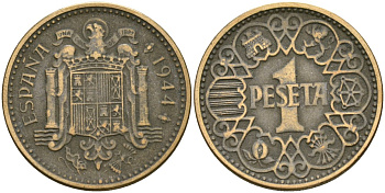 Испания 1 песета 1944 Национальное правительство (1939 - 1947) KM 767 алюминиевая бронза 4171-1036