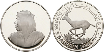 Бахрейн 5 динаров 1986 25 ЛЕТ ВСЕМИРНОМУ ФОНДУ ОХРАНЫ ПРИРОДЫ, ГАЗЕЛЬ KM 13 серебро PROOF 01-170-33
