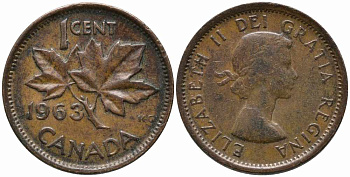 Канада 1 цент 1963 Елизавета II (1952-2022), кленовый лист KM 49 бронза 220-827