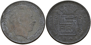 Бельгия 5 франков 1941 DES BELGEN, Леопольд III (1934-1947) KM 129 цинк 4161-917