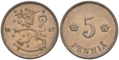 ФИНЛЯНДИЯ 5 ПЕННИ 1937 KM 22 медь 192-1253