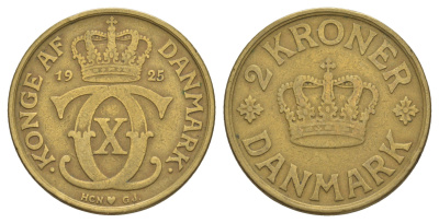 Дания 2 кроны 1925 HCN, Кристиан X (1912-1947) KM 825 алюминиевая бронза 4634-522