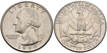 США 25 центов = квотер 1990 D, Вашингтон KM A164a медь плакированная медно-никелем 4584-1255