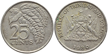 Тринидад и Тобаго 25 центов 1980 цветок дикая пуансеттия KM 32 медно-никель 4396-754