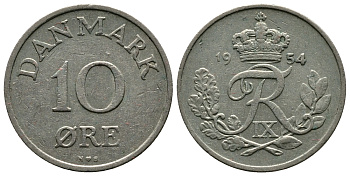 ДАНИЯ 10 ЭРЕ 1954 N; S, ФРЕДЕРИК IX (1947-1972) KM 841.1 медно-никель 83-1211