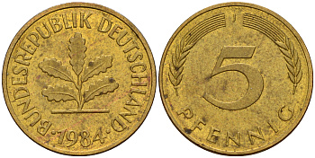 ФРГ 5 пфеннигов 1984 J J.382, KM 107 сталь плакированная латунью    4598-1038