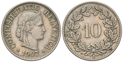 Швейцария 10 раппенов 1907 B KM 27 медно-никель 4164-1024