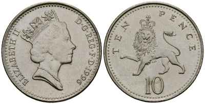 Великобритания 10 пенсов 1996 Елизавета II (1952-2022) KM 938b, Spink 4367 (F4) медно-никель 4545-945