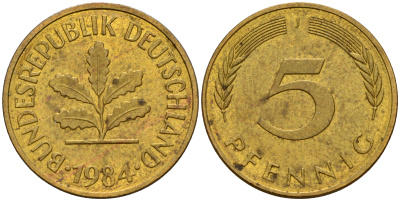 ФРГ 5 пфеннигов 1984 J J.382, KM 107 сталь плакированная латунью    4598-1038