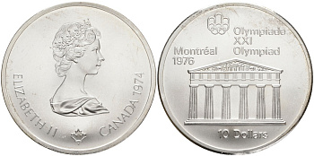 Канада 10 долларов 1974 XXI летние Олимпийские игры в Монреале 1976 года, храм Зевса KM 94 серебро UNC 1525-425