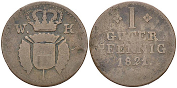 Шаумбург-Гессен 1 пфенниг 1821 Вильгельм Гессен-Кассельский (1785-1821) KM 4a, Jaeger 23, AKS 32 медь 4532-1244