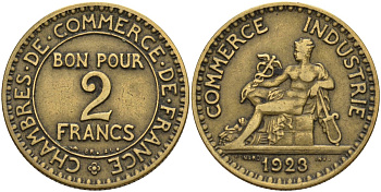 Франция 2 франка 1923 Третья республика (1871-1940) KM 877, Le Franc 267.7 алюминиевая бронза 4144-314