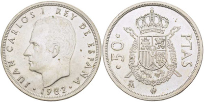 ИСПАНИЯ 50 ПЕСЕТ 1982 ХУАН КАРЛОС I (1975-) KM 825 медно-никель 4403-431