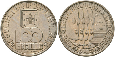 Португалия 100 эскудо 1985 INCM, 50 лет со дня смерти Фернандо Пессоа KM 628 медно-никель aUNC 4587-1024