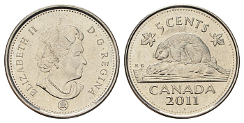 Канада 5 центов 2011 Leaf, Елизавета II (1952-2022), бобр KM 491 сталь плакированная никелем 4689-526