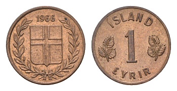 Исландия 1 эйре 1966 KM 8 бронза UNC 4690-739