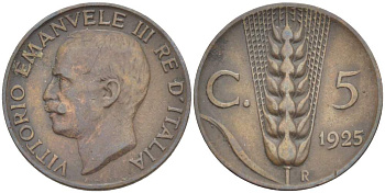 ИТАЛИЯ 5 ЧЕНТЕЗИМО 1925 R, МОНДВОР РИМ, ВИКТОР ЭММАНУИЛ III (1900-1946) KM 59 медь 4525-142