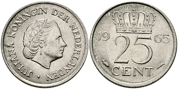 Нидерланды 25 центов 1965 Юлиана (1949-1980) KM 183 никель 96-162