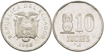 ЭКВАДОР 10 СУКРЕ 1988 VENUS DE VALDIVIA KM 92.1 сталь плакированная никелем 31-433