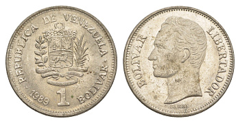 Венесуэла 1 боливар 1989 Симон Боливар, тонкий шрифт Y 52a.1 сталь плакированная никелем 4589-615