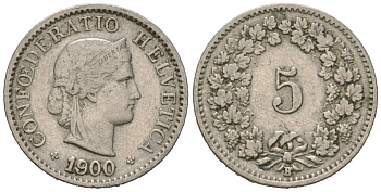 Швейцария 5 раппенов 1900 B KM 26 медно-никель 39-131