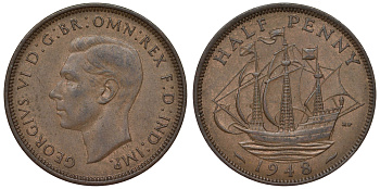 Великобритания 1/2 пенни 1948 Георг VI (1936-1952) KM 844, Spink 4115 бронза 71-1424