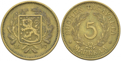 ФИНЛЯНДИЯ 5 МАРОК 1937 S KM 31 алюминиевая бронза 3457-944