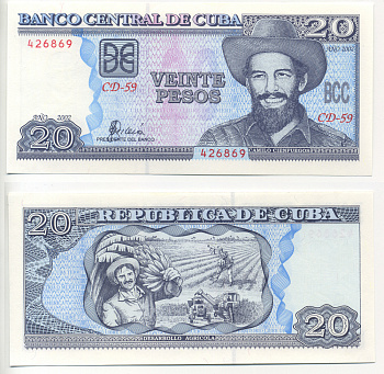 Куба 20 песо 2002 Камило Сьенфуэгос Pick 118 d бумага UNC (пресс) 00-00