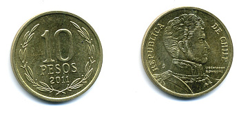 ЧИЛИ 10 ПЕСО 2011 ГЕНЕРАЛ БЕРНАРДО О ХИГГИНС KM 228.2 никель-бронза 37-1216