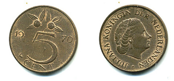 НИДЕРЛАНДЫ 5 ЦЕНТОВ 1970 ЮЛИАНА KM 181 бронза 76-441