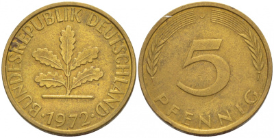 ФРГ 5 ПФЕННИГОВ 1972 J KM 107, J. 382 сталь плакированная латунью 4547-1161