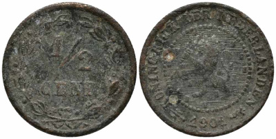 НИДЕРЛАНДЫ 1/2 ЦЕНТА 1901 ВИЛЬГЕЛЬМИНА (1890-1948) KM 109 бронза 112-167