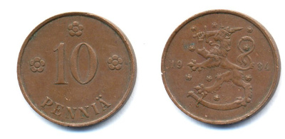 Финляндия 10 пенни 1934 республика (1918-1962) KM 24 медь 51-5351