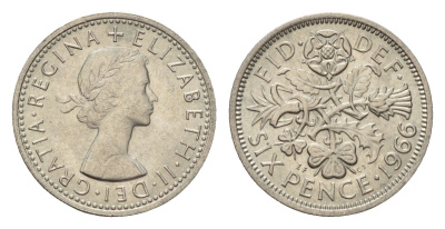 Великобритания 6 пенсов 1966 Елизавета II (1952-2022) KM 903, Spink 4149 медно-никель 4655-311