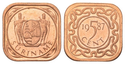 Суринам 5 центов 1987 KM 12b сталь плакированная медью UNC 4625-317